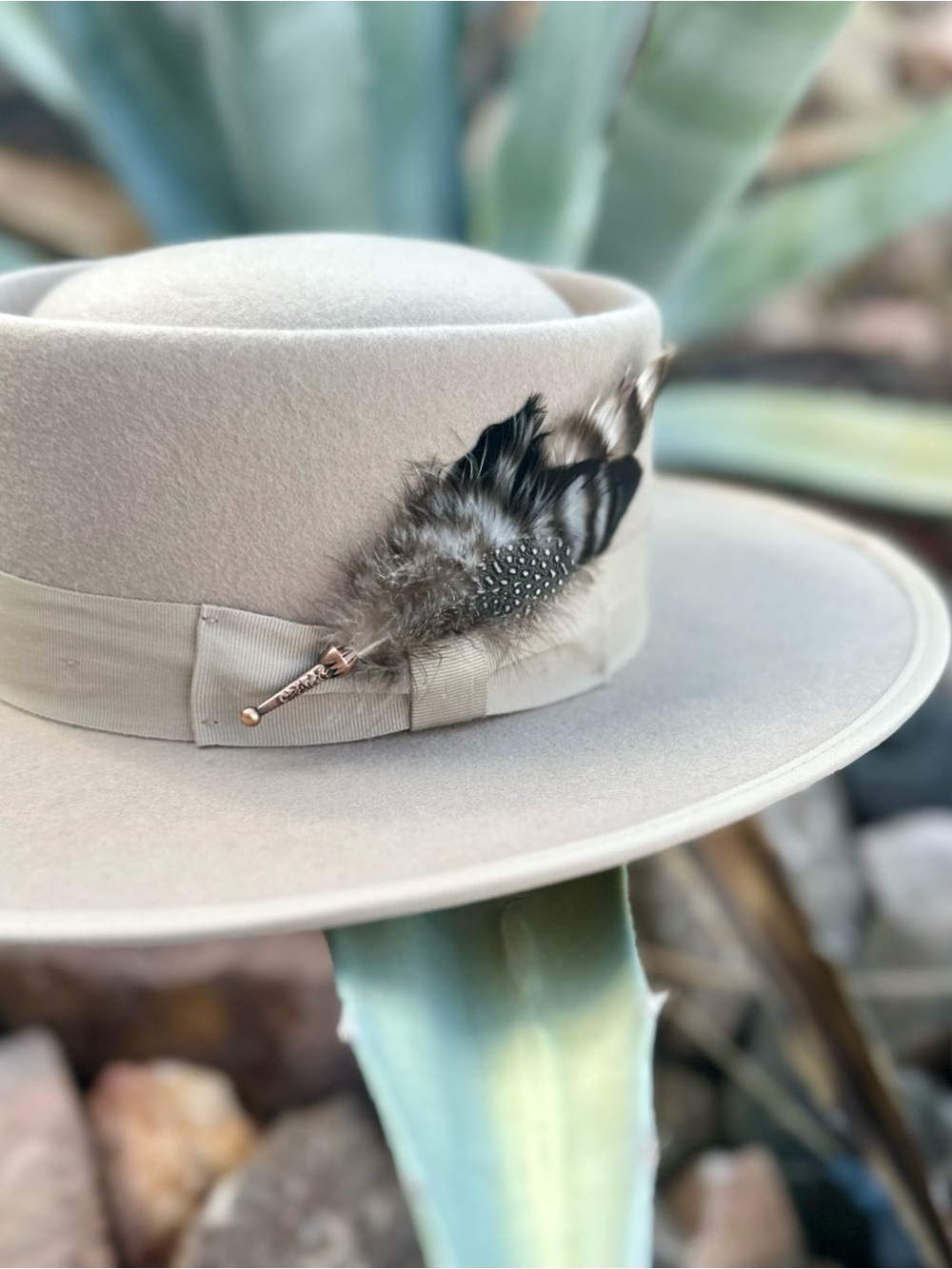 Desert Dove Taupe Wool Gambler Hat with Removable Feather Hat Pin